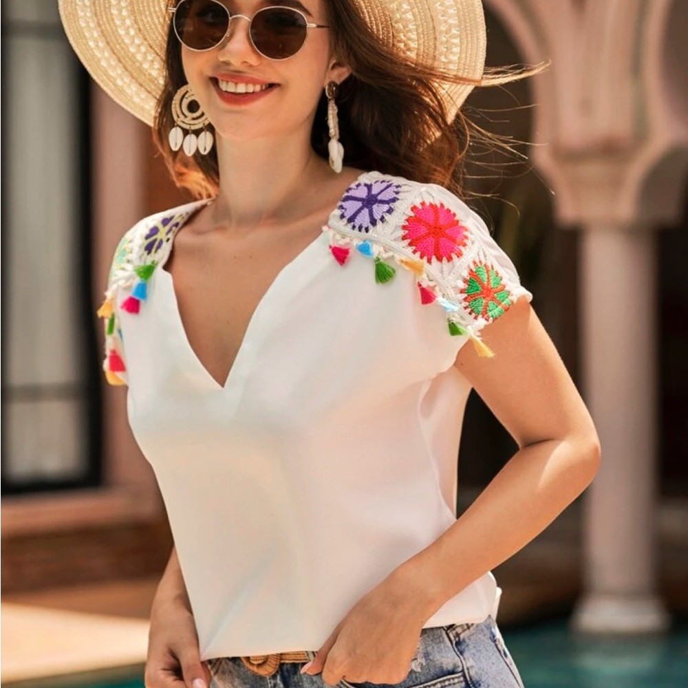 Boho Embroidered White Women's Blouse with Multicolor Tassels - Picture 2 of 5
